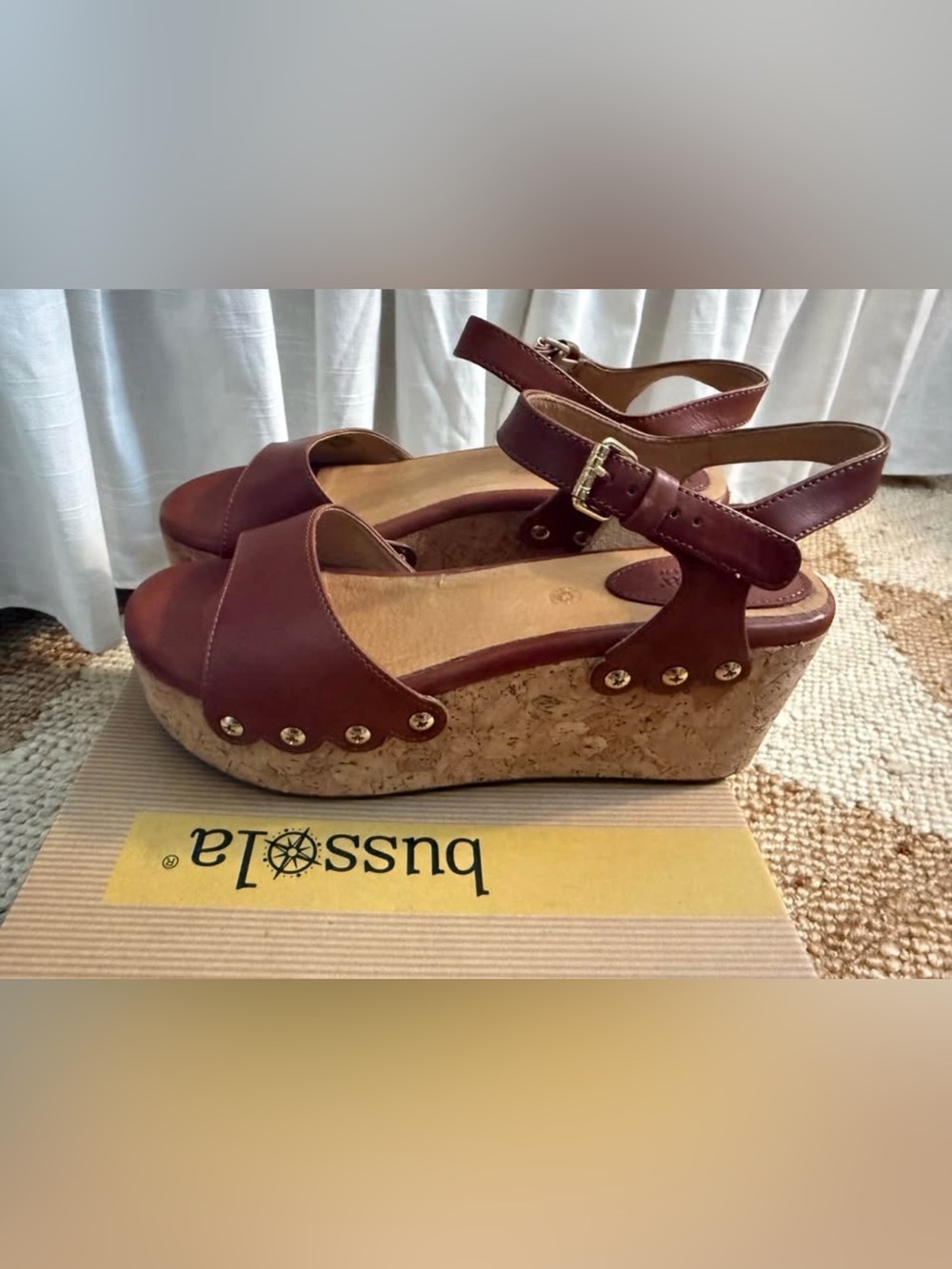 Bussola Brown Cork Wedge Sandals with Ankle Strap